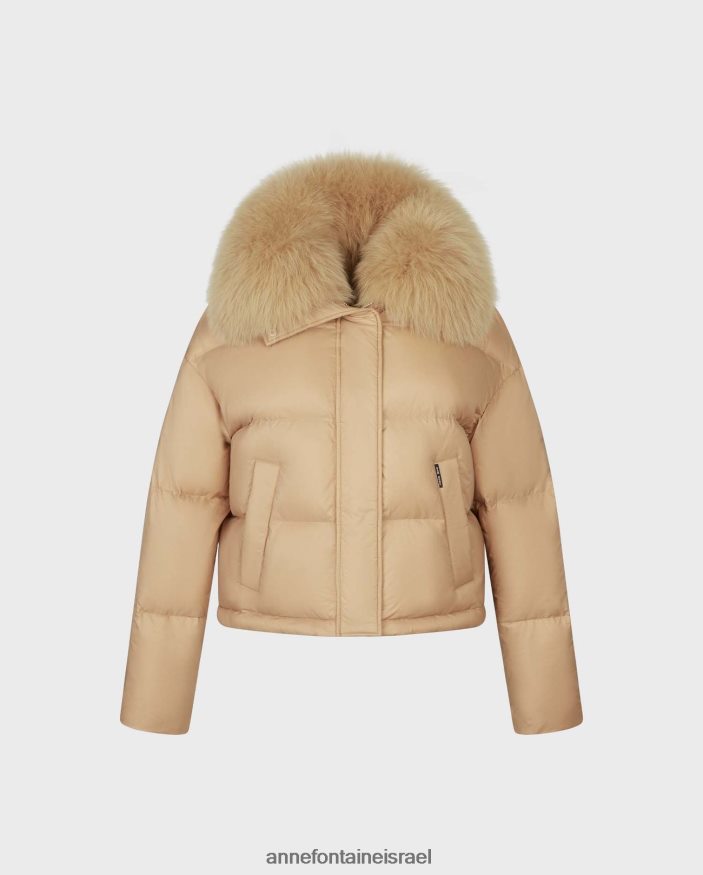 הַלבָּשָׁה Anne Fontaine ז'קט קצוץ פנטסטי עם צווארון פרווה יוקרתי חום נשים DL8V8L441