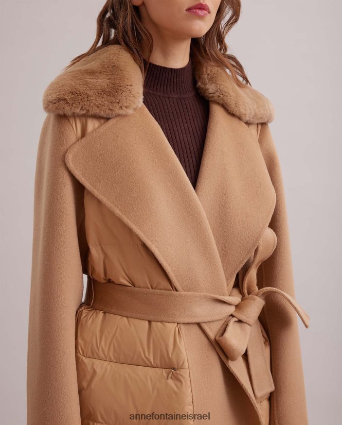 הַלבָּשָׁה Anne Fontaine מעיל סופר מעיל נפוח ארוך עם צווארון פרווה נשלף וחגורת מותן קשירת צמר חום נשים DL8V8L442