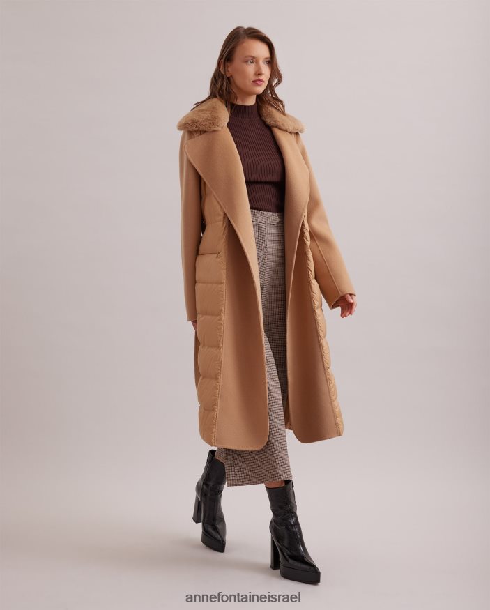 הַלבָּשָׁה Anne Fontaine מעיל סופר מעיל נפוח ארוך עם צווארון פרווה נשלף וחגורת מותן קשירת צמר חום נשים DL8V8L442