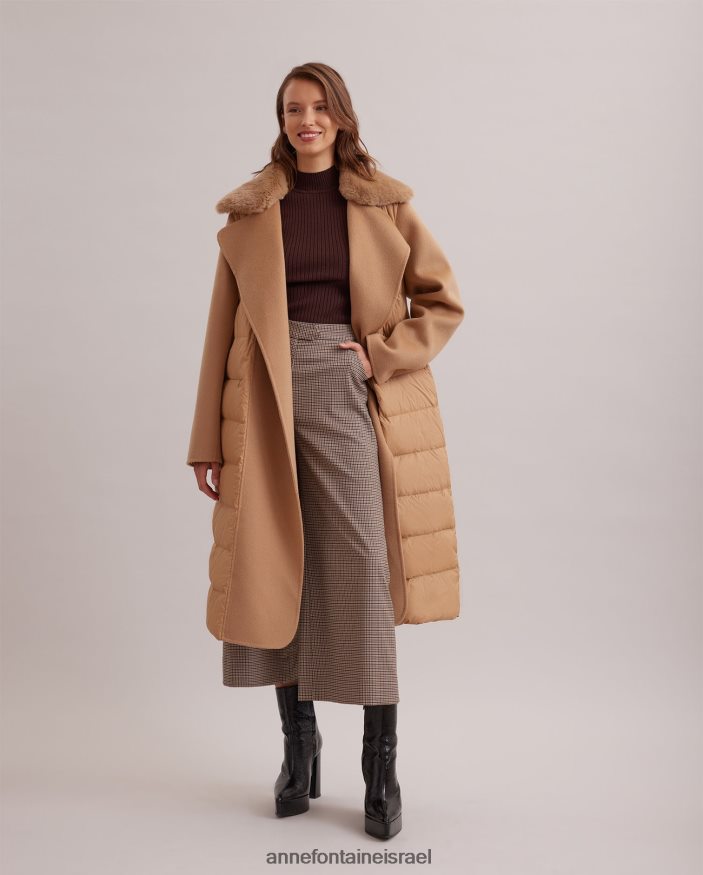 הַלבָּשָׁה Anne Fontaine מעיל סופר מעיל נפוח ארוך עם צווארון פרווה נשלף וחגורת מותן קשירת צמר חום נשים DL8V8L442