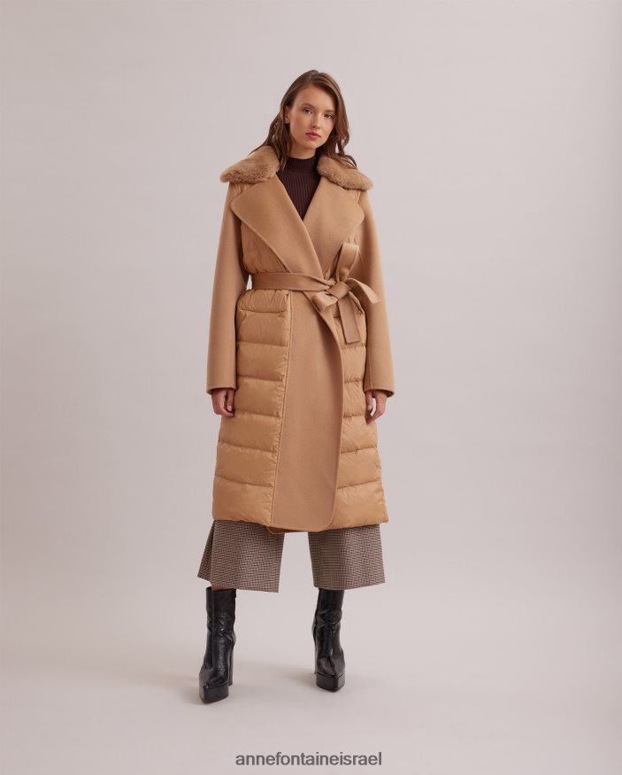 הַלבָּשָׁה Anne Fontaine מעיל סופר מעיל נפוח ארוך עם צווארון פרווה נשלף וחגורת מותן קשירת צמר חום נשים DL8V8L442