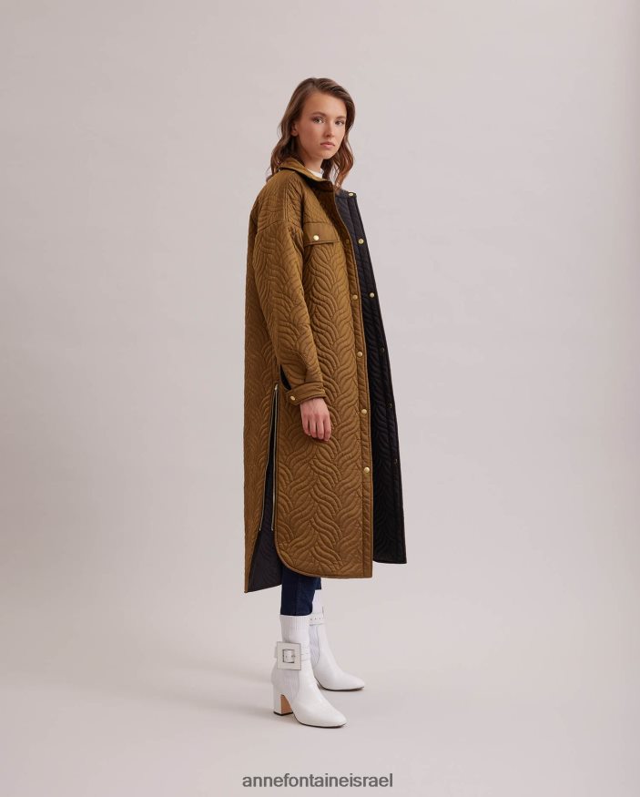 הַלבָּשָׁה Anne Fontaine מעיל גנים הפיך מעיל פוך ארוך עם דפוס תפר עליון גיאומטרי גלי שָׁחוֹר נשים DL8V8L444