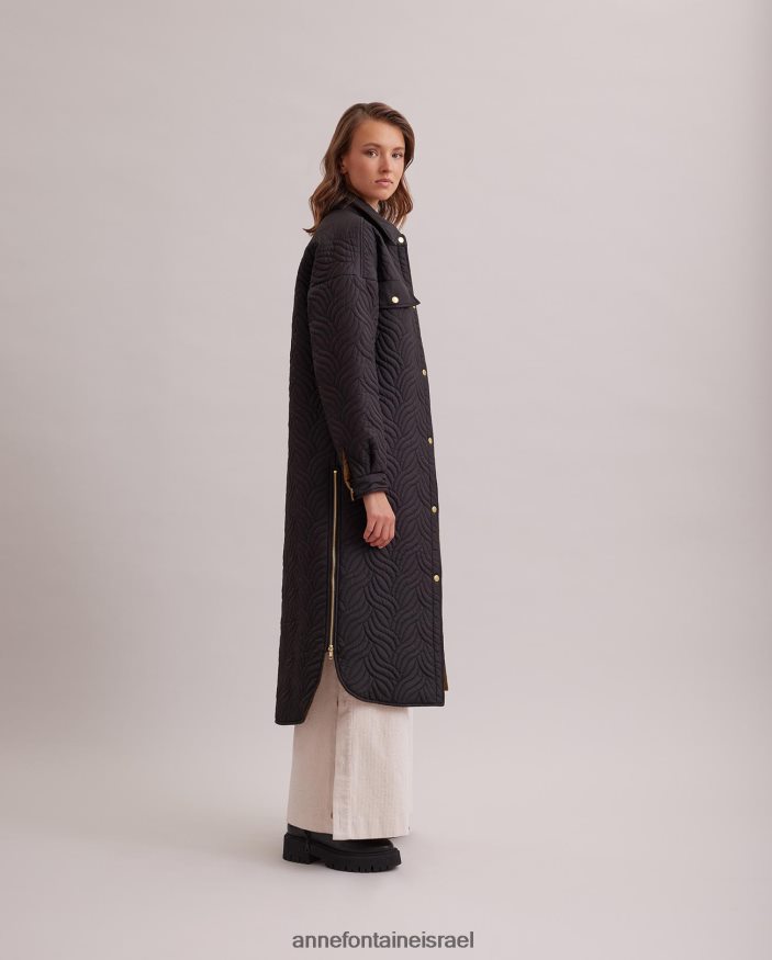 הַלבָּשָׁה Anne Fontaine מעיל גנים הפיך מעיל פוך ארוך עם דפוס תפר עליון גיאומטרי גלי שָׁחוֹר נשים DL8V8L444