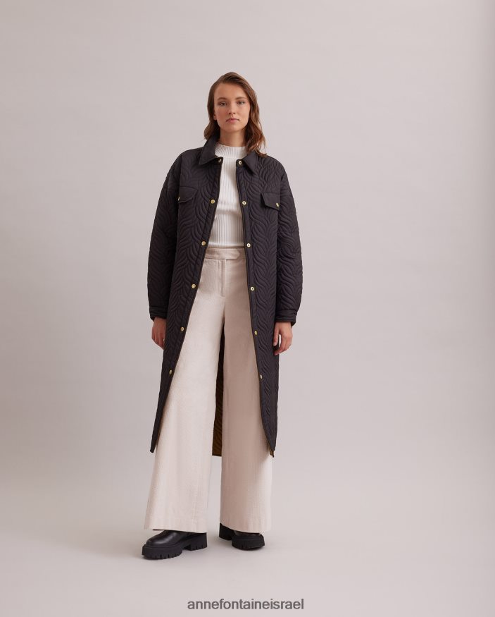 הַלבָּשָׁה Anne Fontaine מעיל גנים הפיך מעיל פוך ארוך עם דפוס תפר עליון גיאומטרי גלי שָׁחוֹר נשים DL8V8L444