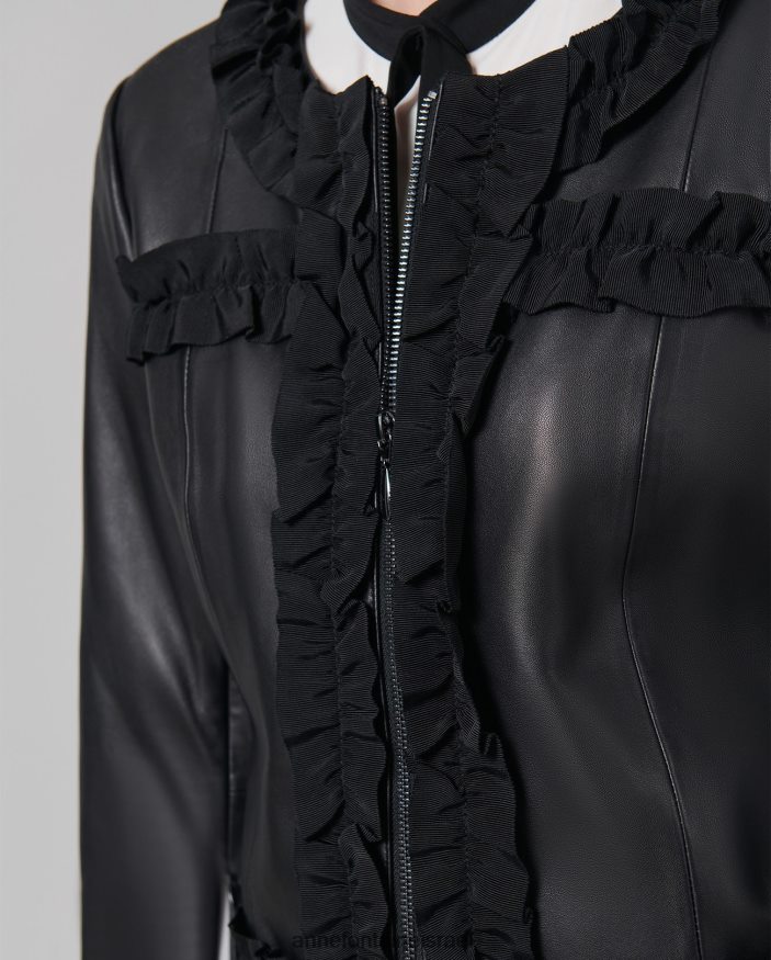 הַלבָּשָׁה Anne Fontaine ז'קט קרטר מעיל עור ללא צווארון עם עיטור גרוס גריין שָׁחוֹר נשים DL8V8L446