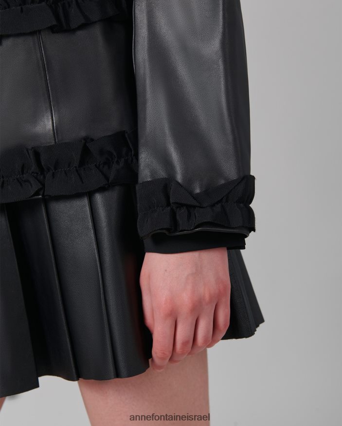 הַלבָּשָׁה Anne Fontaine ז'קט קרטר מעיל עור ללא צווארון עם עיטור גרוס גריין שָׁחוֹר נשים DL8V8L446