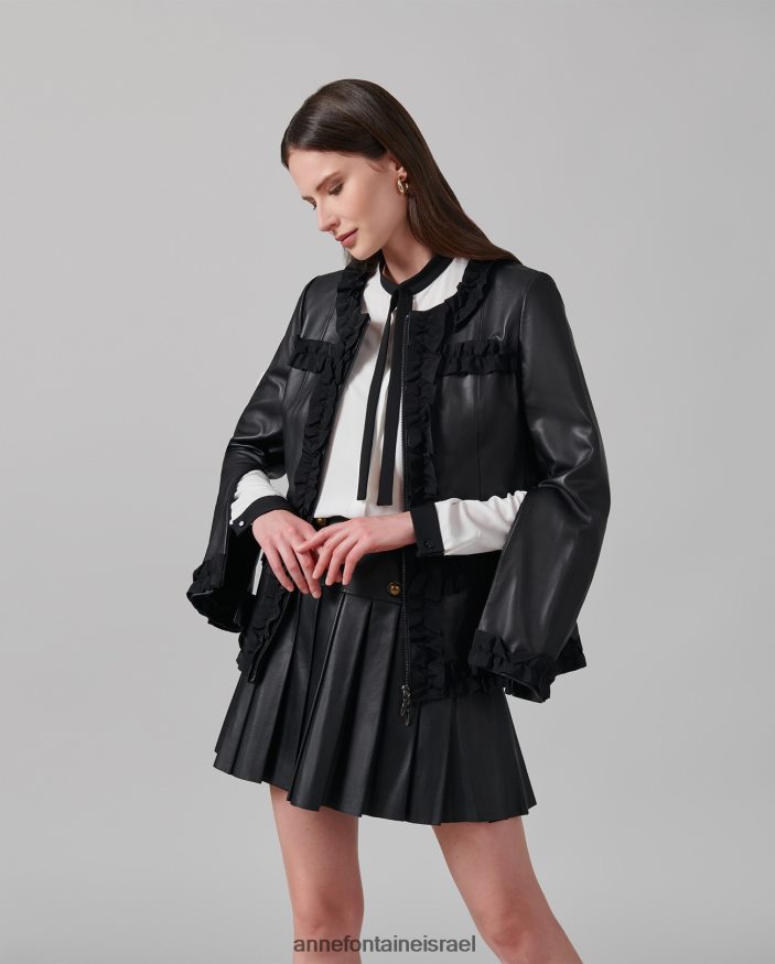 הַלבָּשָׁה Anne Fontaine ז'קט קרטר מעיל עור ללא צווארון עם עיטור גרוס גריין שָׁחוֹר נשים DL8V8L446