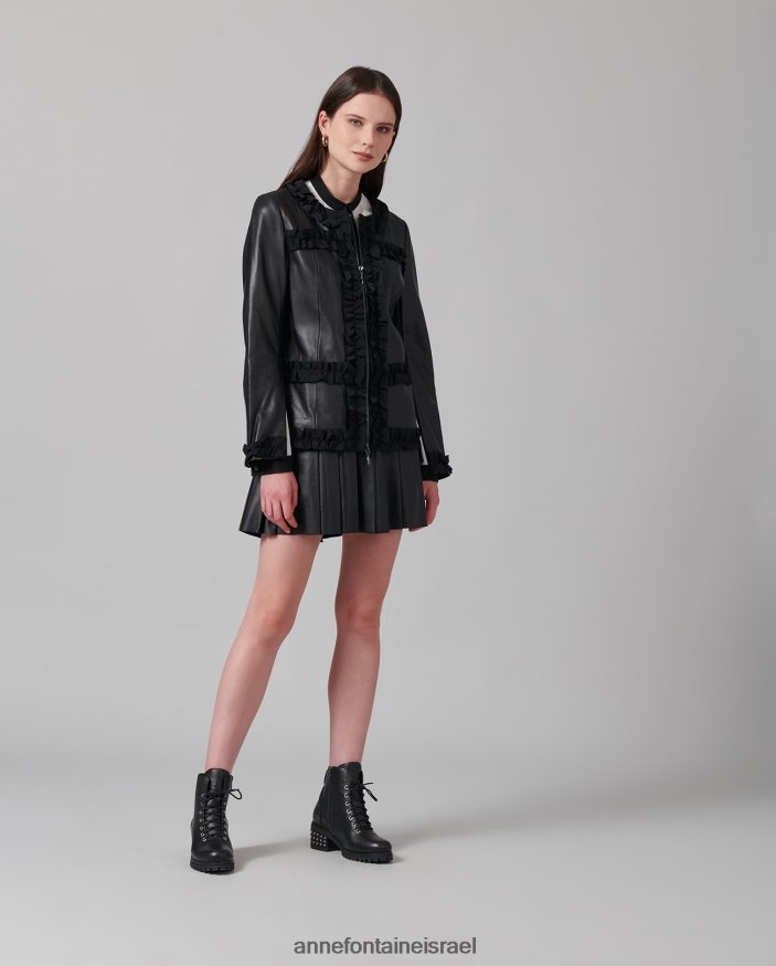 הַלבָּשָׁה Anne Fontaine ז'קט קרטר מעיל עור ללא צווארון עם עיטור גרוס גריין שָׁחוֹר נשים DL8V8L446