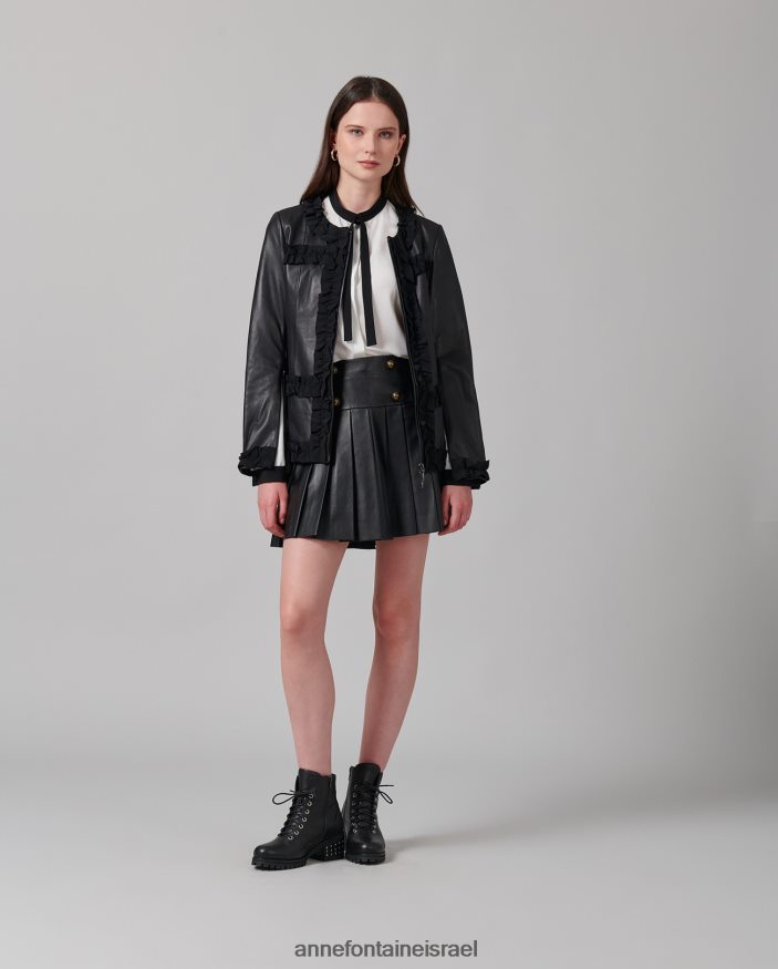 הַלבָּשָׁה Anne Fontaine ז'קט קרטר מעיל עור ללא צווארון עם עיטור גרוס גריין שָׁחוֹר נשים DL8V8L446