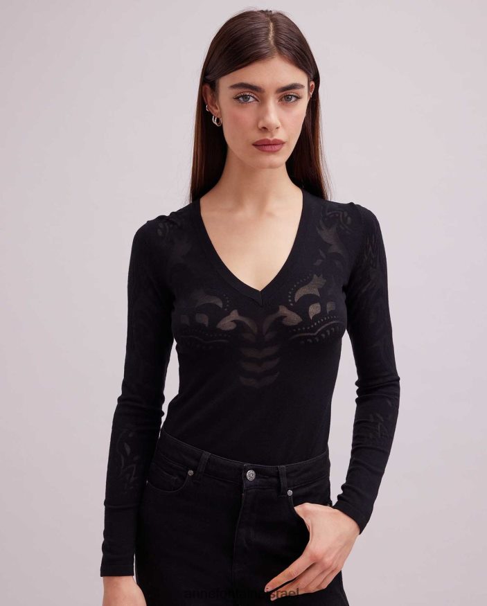 הַלבָּשָׁה Anne Fontaine טופ סריג עם שרוול ארוך עליון לררוסה בעיצוב שקוף שָׁחוֹר נשים DL8V8L471