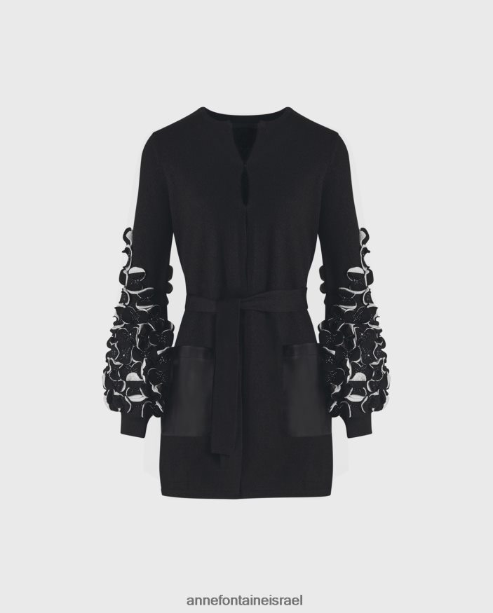 הַלבָּשָׁה Anne Fontaine קרדיגן סרוג סוודר לור עם עלי כותרת דו-צבעוניים על השרוולים לבן שחור נשים DL8V8L472