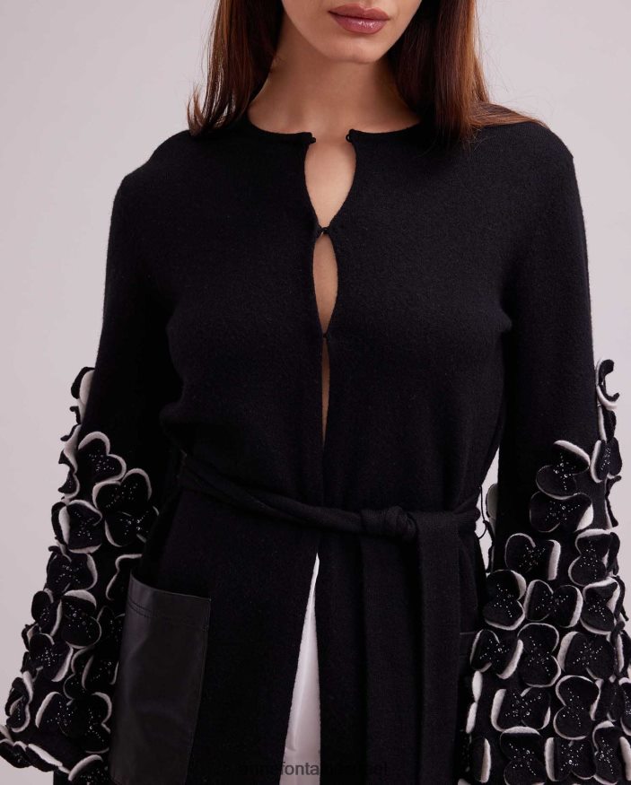 הַלבָּשָׁה Anne Fontaine קרדיגן סרוג סוודר לור עם עלי כותרת דו-צבעוניים על השרוולים לבן שחור נשים DL8V8L472