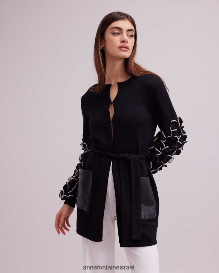 הַלבָּשָׁה Anne Fontaine קרדיגן סרוג סוודר לור עם עלי כותרת דו-צבעוניים על השרוולים לבן שחור נשים DL8V8L472