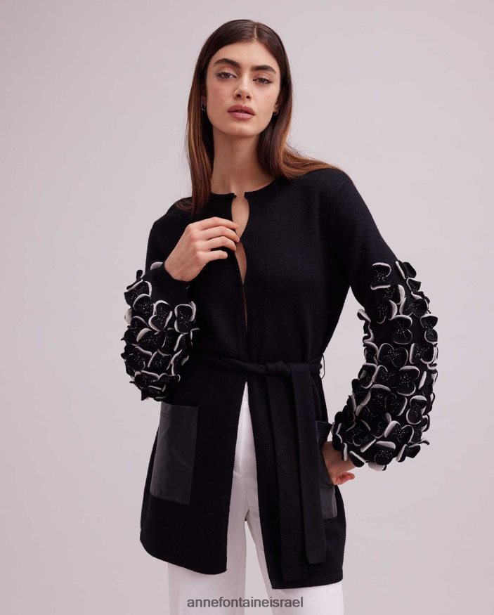 הַלבָּשָׁה Anne Fontaine קרדיגן סרוג סוודר לור עם עלי כותרת דו-צבעוניים על השרוולים לבן שחור נשים DL8V8L472