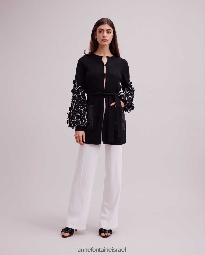 הַלבָּשָׁה Anne Fontaine קרדיגן סרוג סוודר לור עם עלי כותרת דו-צבעוניים על השרוולים לבן שחור נשים DL8V8L472