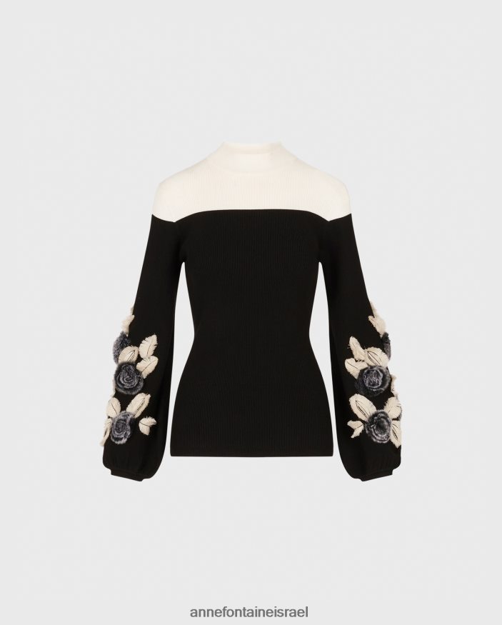 הַלבָּשָׁה Anne Fontaine סוודר קלרינט סריג שרוול ארוך עם פרטים פרחוניים במידות גדולות שָׁחוֹר נשים DL8V8L473