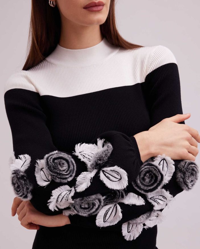 הַלבָּשָׁה Anne Fontaine סוודר קלרינט סריג שרוול ארוך עם פרטים פרחוניים במידות גדולות שָׁחוֹר נשים DL8V8L473