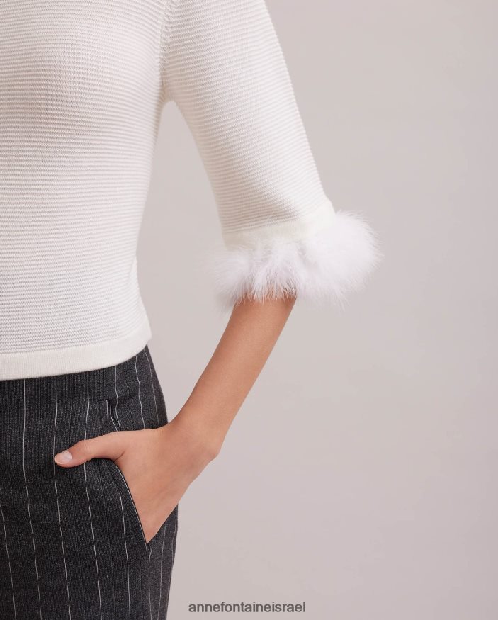 הַלבָּשָׁה Anne Fontaine סוודר סריג בעל מרקם עליון בקט עם שרוולי נוצות נשלפים לבן נשים DL8V8L474