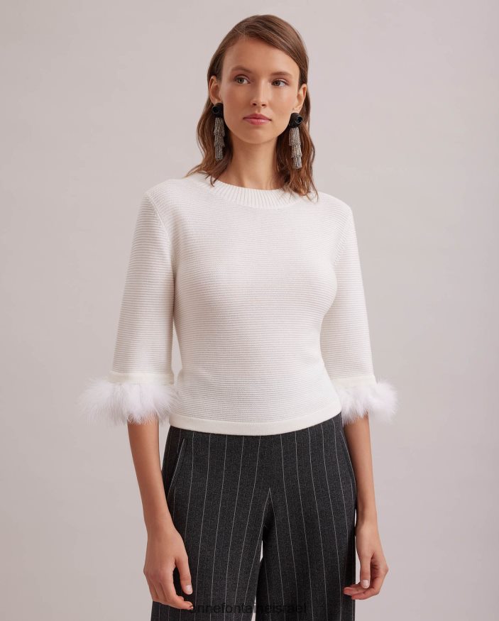 הַלבָּשָׁה Anne Fontaine סוודר סריג בעל מרקם עליון בקט עם שרוולי נוצות נשלפים לבן נשים DL8V8L474