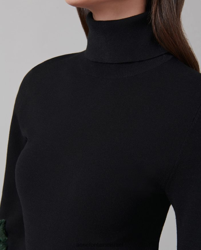 הַלבָּשָׁה Anne Fontaine סוודר קאדנס עם שרוולים ארוכים עם אפליקציות פרחוניות לבן שחור נשים DL8V8L491