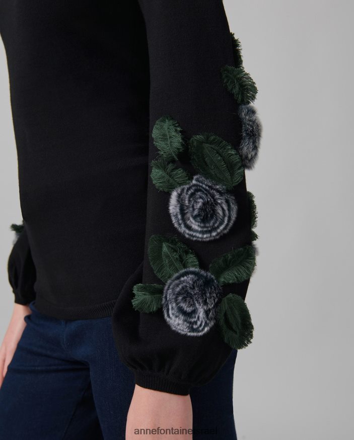 הַלבָּשָׁה Anne Fontaine סוודר קאדנס עם שרוולים ארוכים עם אפליקציות פרחוניות לבן שחור נשים DL8V8L491