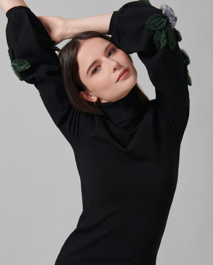 הַלבָּשָׁה Anne Fontaine סוודר קאדנס עם שרוולים ארוכים עם אפליקציות פרחוניות לבן שחור נשים DL8V8L491