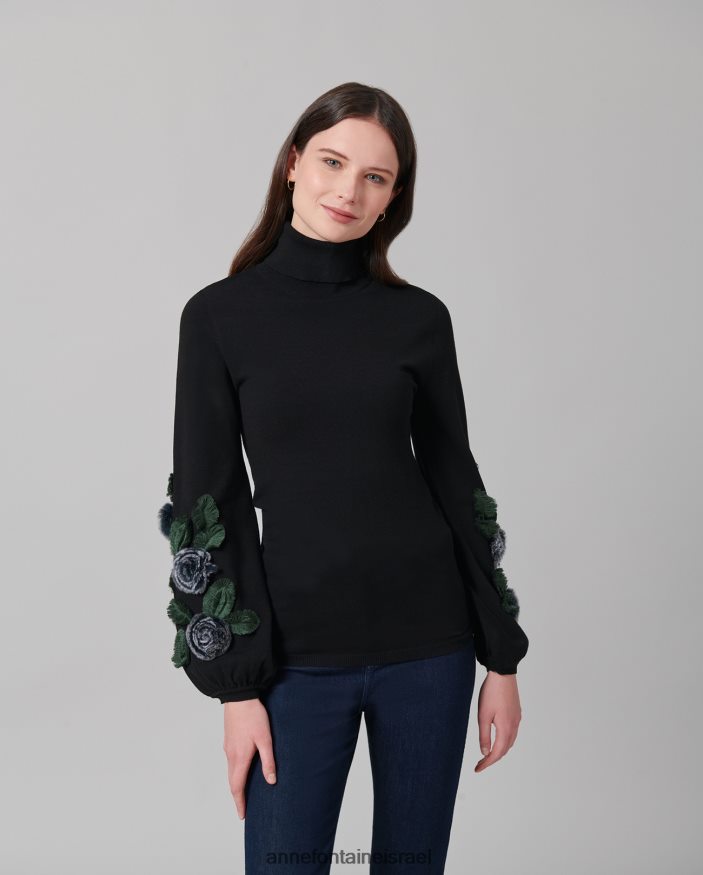 הַלבָּשָׁה Anne Fontaine סוודר קאדנס עם שרוולים ארוכים עם אפליקציות פרחוניות לבן שחור נשים DL8V8L491