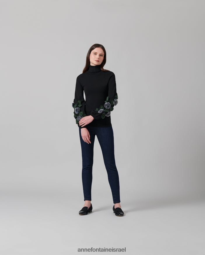 הַלבָּשָׁה Anne Fontaine סוודר קאדנס עם שרוולים ארוכים עם אפליקציות פרחוניות לבן שחור נשים DL8V8L491