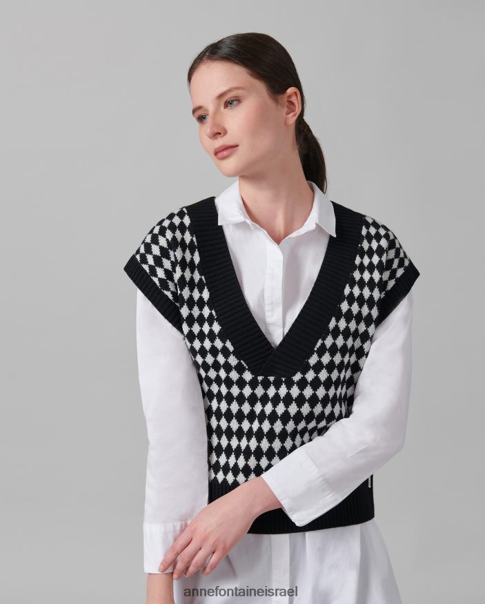 הַלבָּשָׁה Anne Fontaine אפוד סוודר סריג שרוול כובע של מינר עם דוגמת דופי כלב לבן שחור נשים DL8V8L494