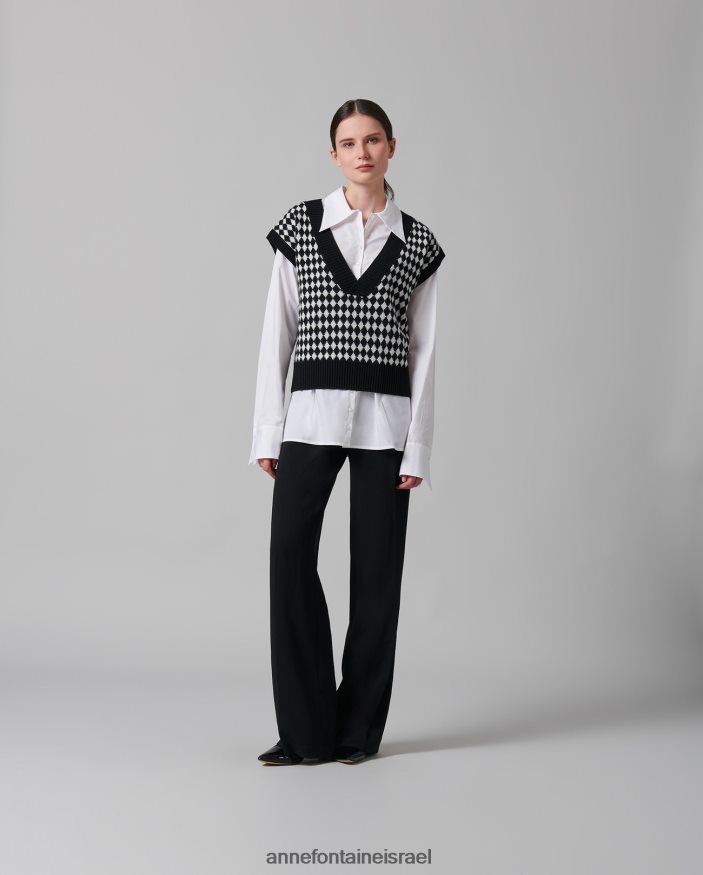 הַלבָּשָׁה Anne Fontaine אפוד סוודר סריג שרוול כובע של מינר עם דוגמת דופי כלב לבן שחור נשים DL8V8L494