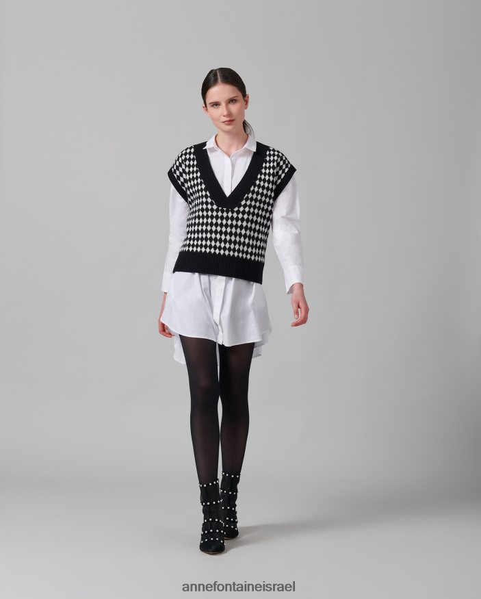 הַלבָּשָׁה Anne Fontaine אפוד סוודר סריג שרוול כובע של מינר עם דוגמת דופי כלב לבן שחור נשים DL8V8L494