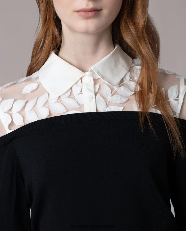 הַלבָּשָׁה Anne Fontaine סוודר סוודר משגע עם עיצוב עלים רקומים לבן שחור נשים DL8V8L495