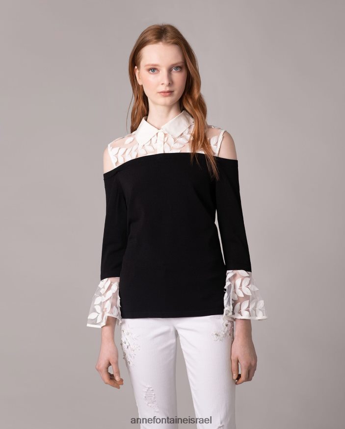 הַלבָּשָׁה Anne Fontaine סוודר סוודר משגע עם עיצוב עלים רקומים לבן שחור נשים DL8V8L495