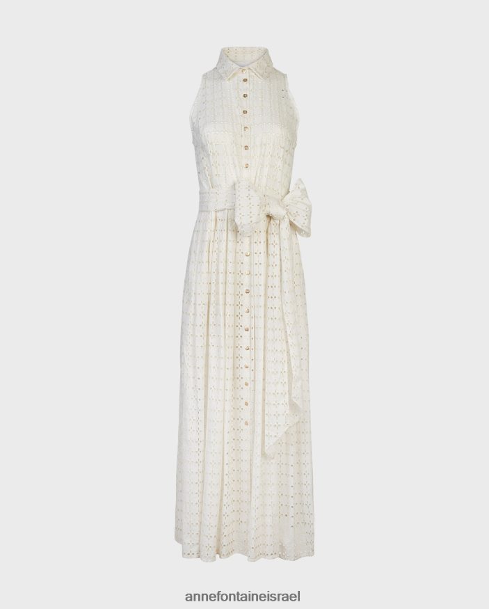 הַלבָּשָׁה Anne Fontaine שמלה ציורית שמלת חולצה רקומה שמנת ארוכה ללא שרוולים עם חגורת מותן או קלייר נשים DL8V8L58