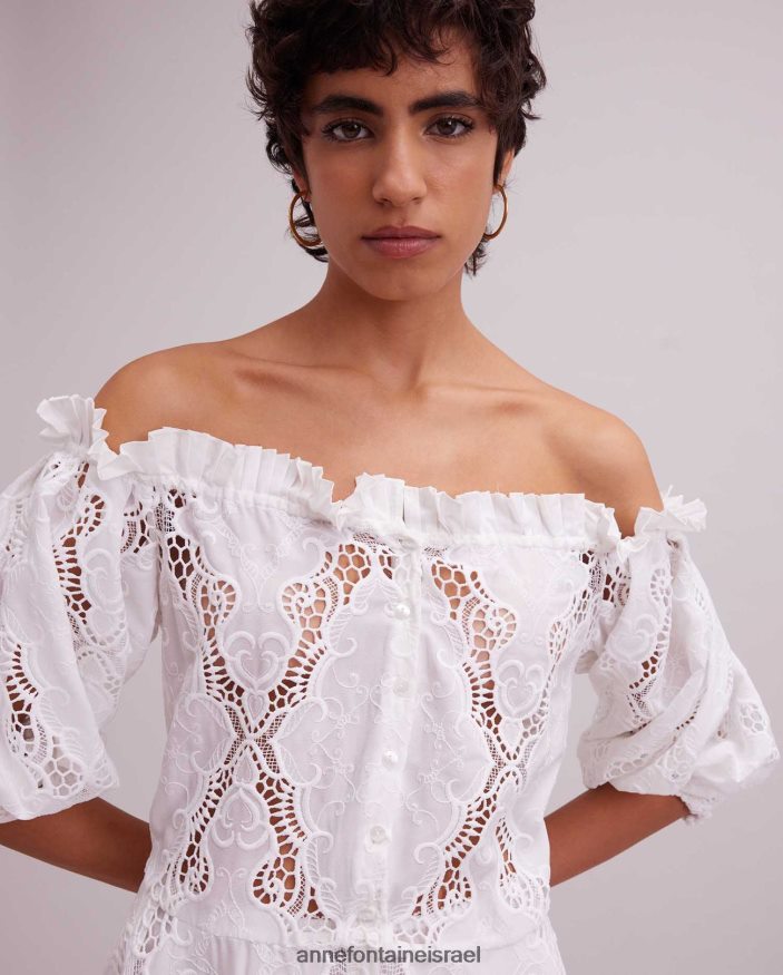 הַלבָּשָׁה Anne Fontaine שמלת ריברירה מהכתף רקומה עם חגורה נשלפת לבן נשים DL8V8L61