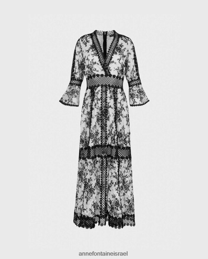 הַלבָּשָׁה Anne Fontaine שמלת אמודיו שמלת פרחונית ארוכה עם שרוולים סלסולים ועיפויי סריג לבן שחור נשים DL8V8L80