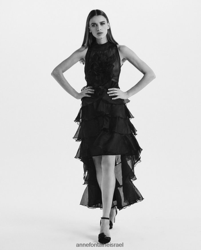 הַלבָּשָׁה Anne Fontaine שמלת שריל ארוכה גבוה-נמוך אורגנזה משי עם סלסולים שָׁחוֹר נשים DL8V8L90