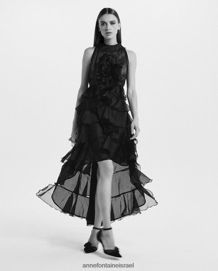 הַלבָּשָׁה Anne Fontaine שמלת שריל ארוכה גבוה-נמוך אורגנזה משי עם סלסולים שָׁחוֹר נשים DL8V8L90