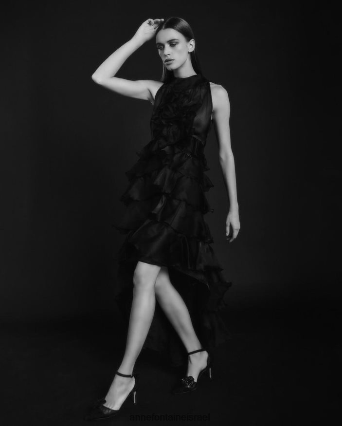 הַלבָּשָׁה Anne Fontaine שמלת שריל ארוכה גבוה-נמוך אורגנזה משי עם סלסולים שָׁחוֹר נשים DL8V8L90