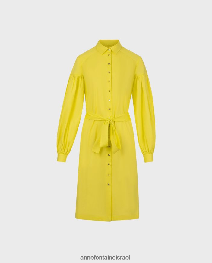 הַלבָּשָׁה Anne Fontaine שמלת קלאוס בצבע לימון מידי פופלין שמלת חולצה עם שרוולים ארוכים צהוב נשים DL8V8L97