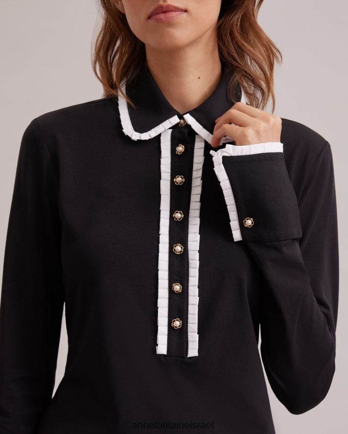 הַלבָּשָׁה Anne Fontaine שמלת אסטמפה שמלת שרוולים ארוכים עם צווארון קלאסי וחצי כיסום עם עיטורים קפלים שָׁחוֹר נשים DL8V8L99