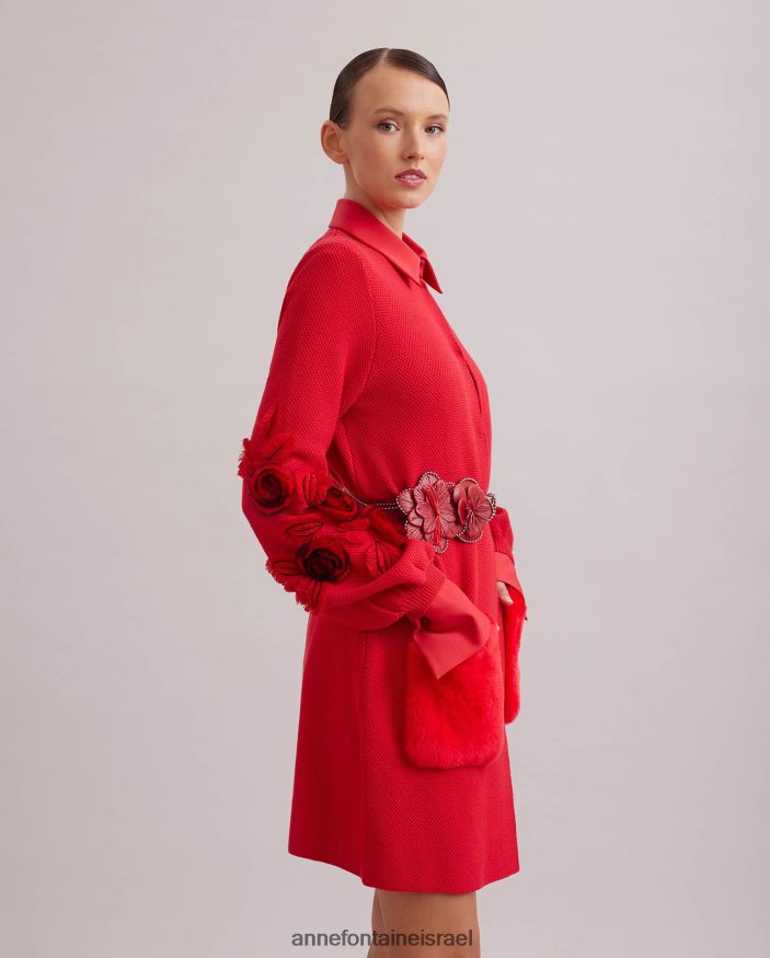 הַלבָּשָׁה Anne Fontaine קרדיגן סריג באורך בינוני Shada עם שרוולים בלוסון וחגורת מותן אָדוֹם נשים DL8V8L438