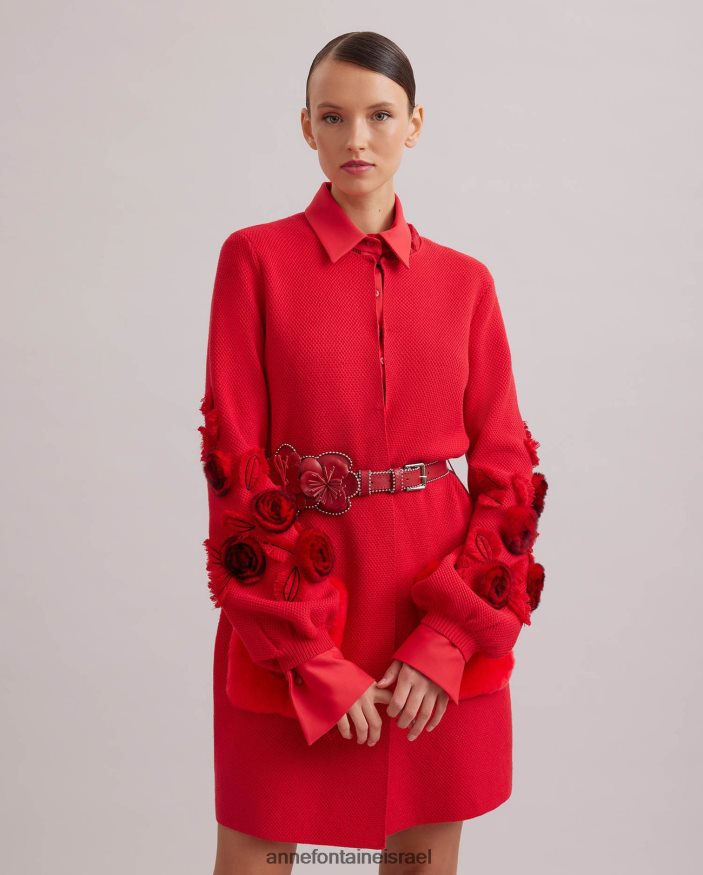 הַלבָּשָׁה Anne Fontaine קרדיגן סריג באורך בינוני Shada עם שרוולים בלוסון וחגורת מותן אָדוֹם נשים DL8V8L438