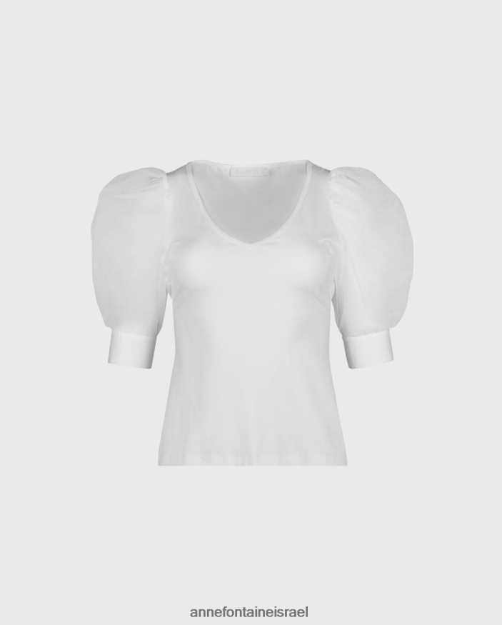 הַלבָּשָׁה Anne Fontaine טופ אווירי עם צווארון V עם שרוולי רשת נשפכים לבן נשים DL8V8L248