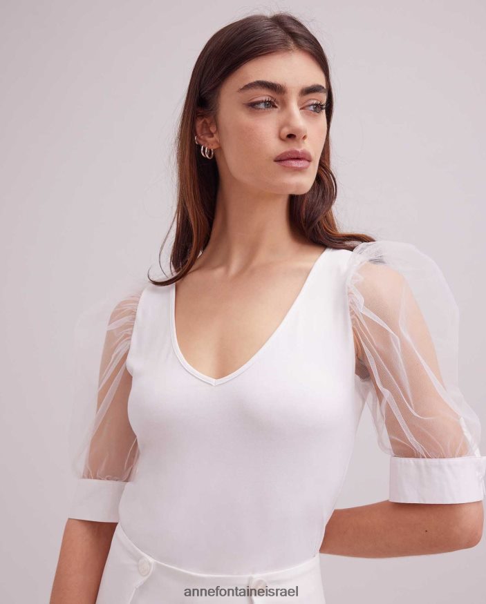 הַלבָּשָׁה Anne Fontaine טופ אווירי עם צווארון V עם שרוולי רשת נשפכים לבן נשים DL8V8L248