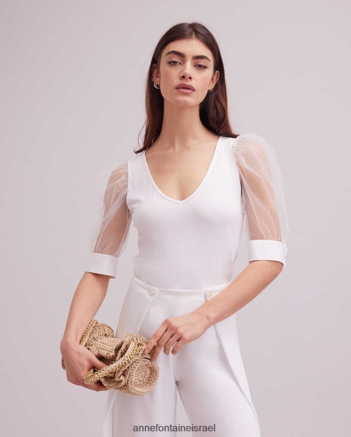 הַלבָּשָׁה Anne Fontaine טופ אווירי עם צווארון V עם שרוולי רשת נשפכים לבן נשים DL8V8L248