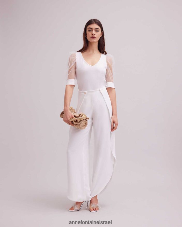 הַלבָּשָׁה Anne Fontaine טופ אווירי עם צווארון V עם שרוולי רשת נשפכים לבן נשים DL8V8L248