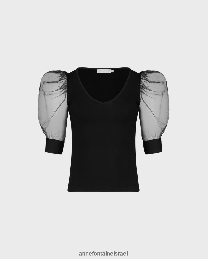 הַלבָּשָׁה Anne Fontaine צווארון V עליון אווירי עם שרוולי רשת שקופים שָׁחוֹר נשים DL8V8L250