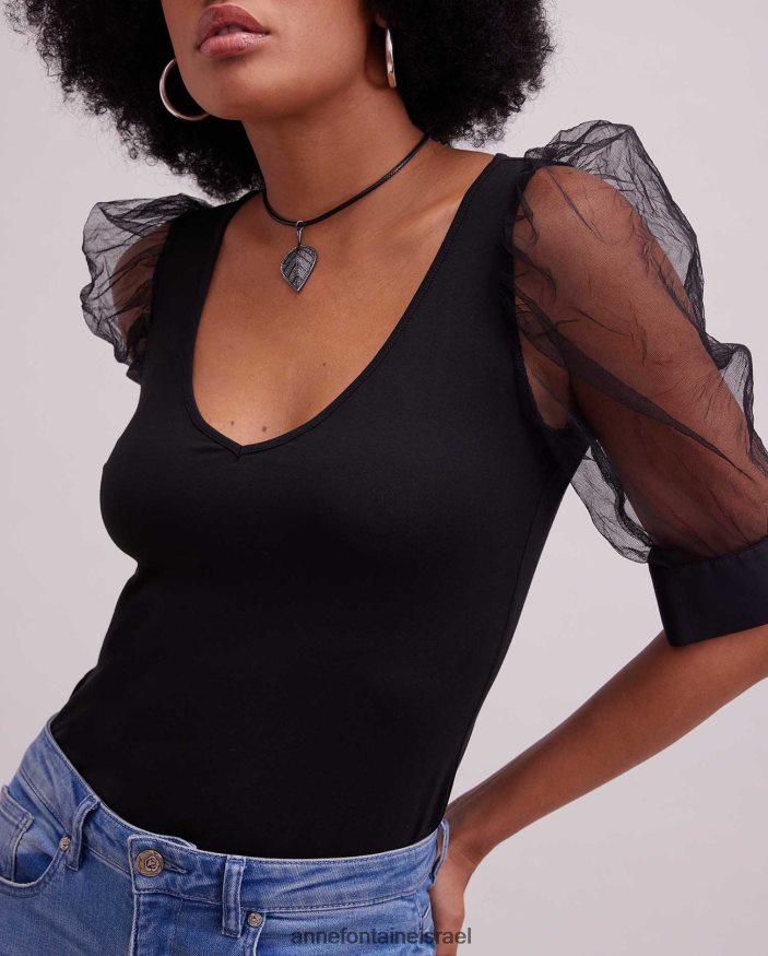 הַלבָּשָׁה Anne Fontaine צווארון V עליון אווירי עם שרוולי רשת שקופים שָׁחוֹר נשים DL8V8L250