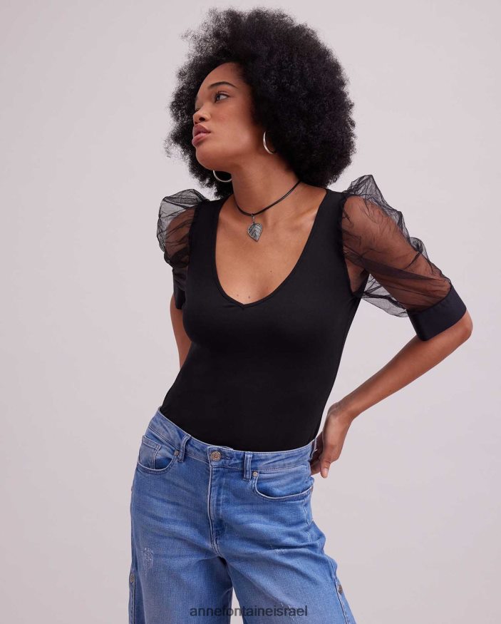 הַלבָּשָׁה Anne Fontaine צווארון V עליון אווירי עם שרוולי רשת שקופים שָׁחוֹר נשים DL8V8L250